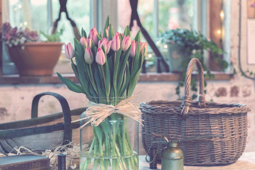 Free Image of A Vase of Tulips on a Table 