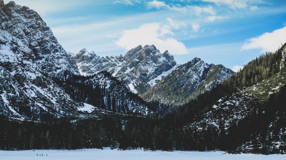 Free Image of Snow Covered Mountain Range With Trees and Snow 