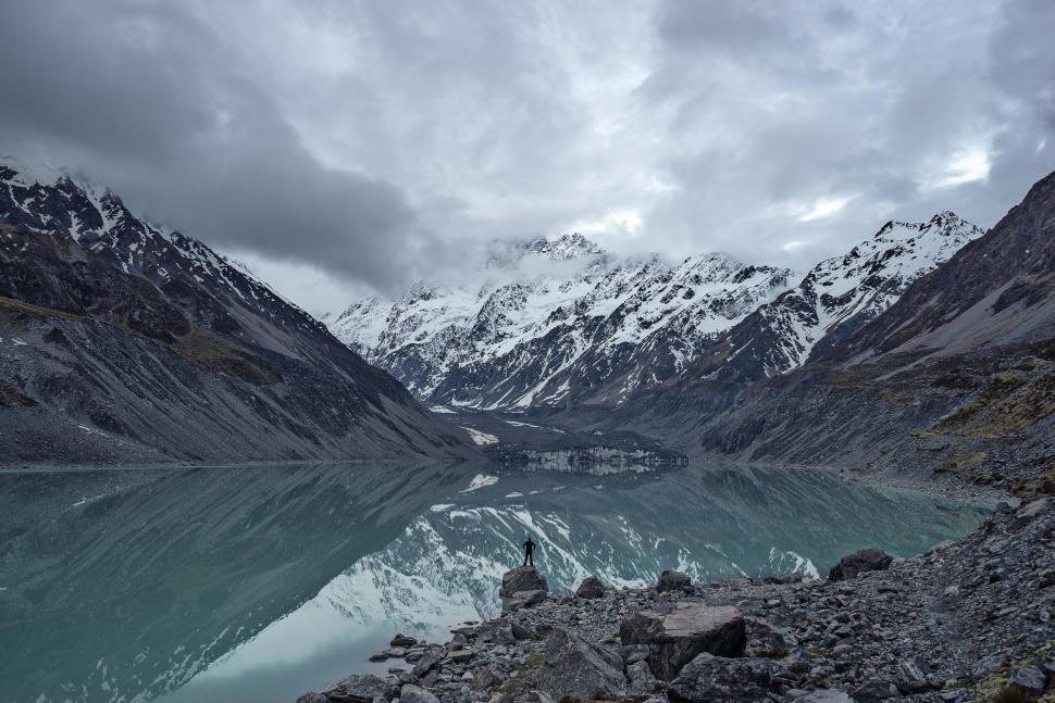 Free Image of Lake Surrounded by Mountains Under Cloudy Sky 