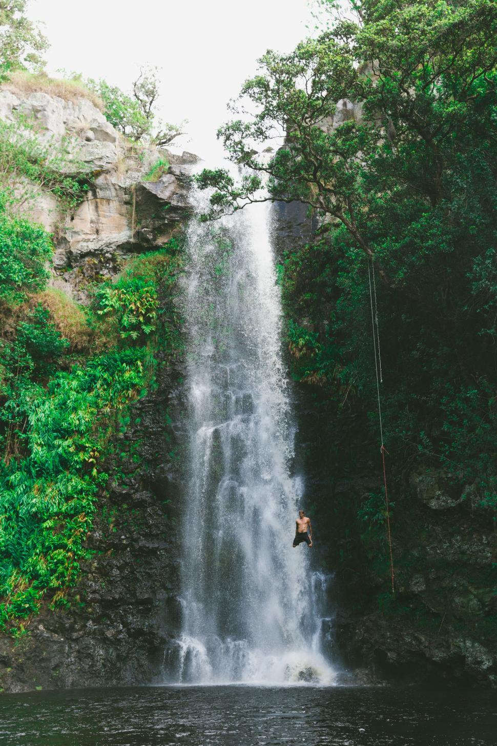 Free Image of Man Hanging From Rope in Front of Waterfall 
