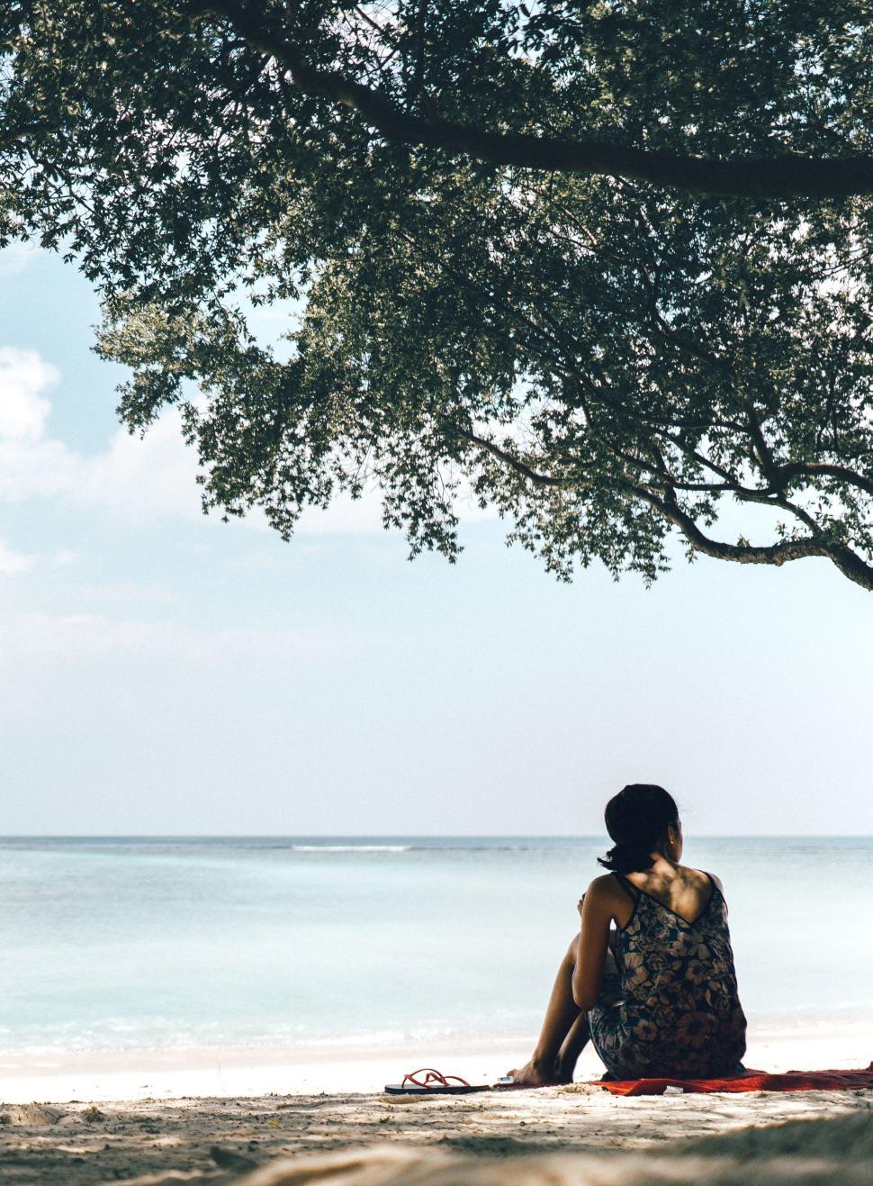 Free Image of Woman Sitting Under Tree on Beach 