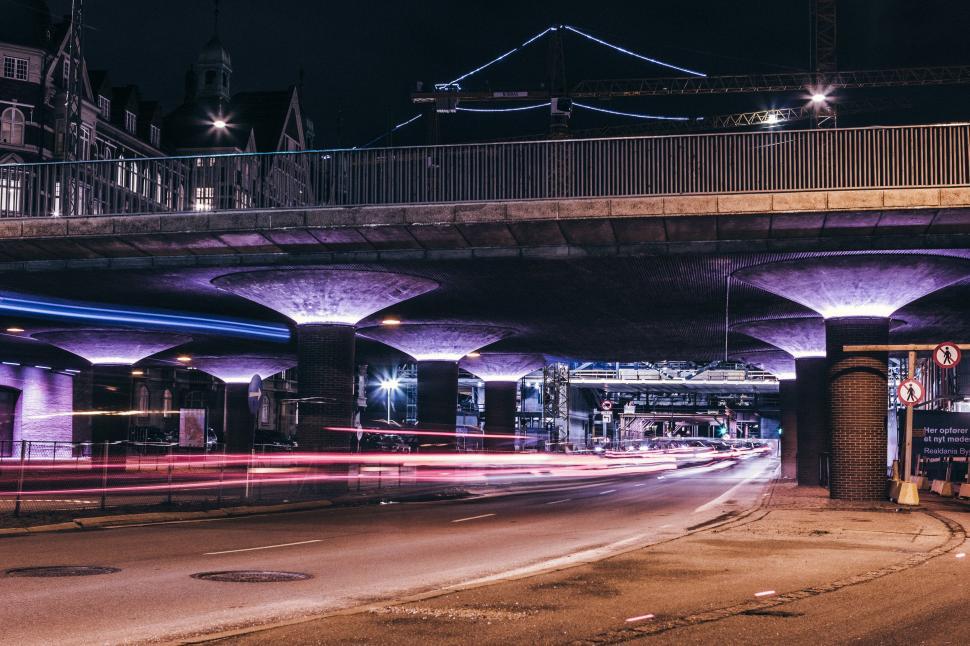 Free Image of City Street at Night With Bridge 