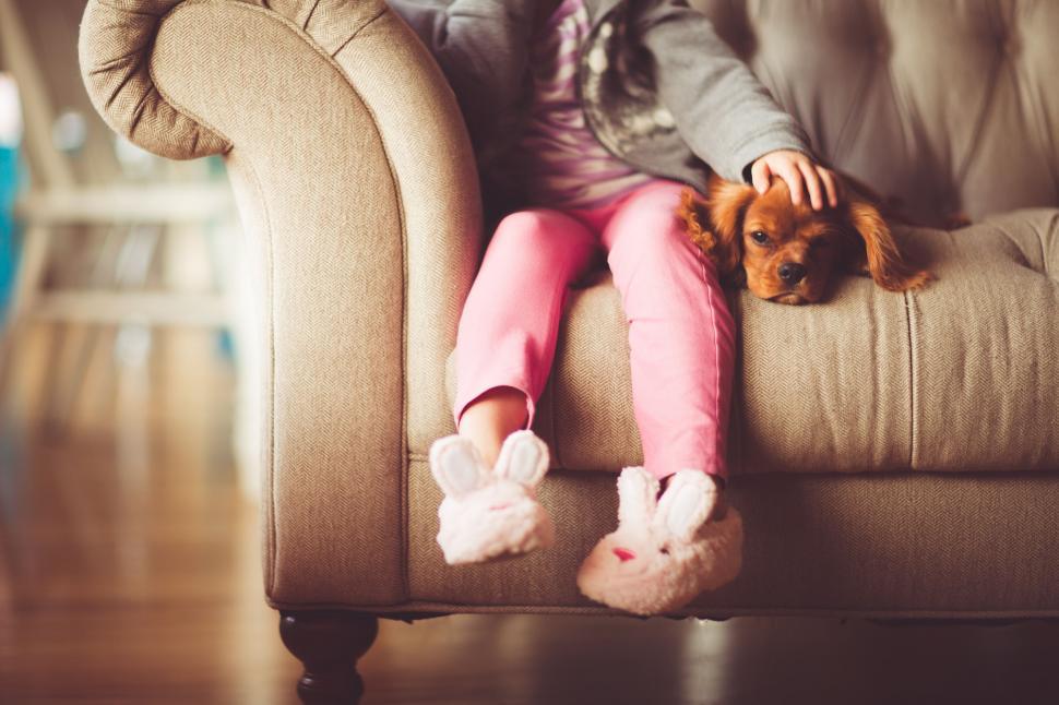 Free Image of Little Girl Sitting on Couch With Dog 