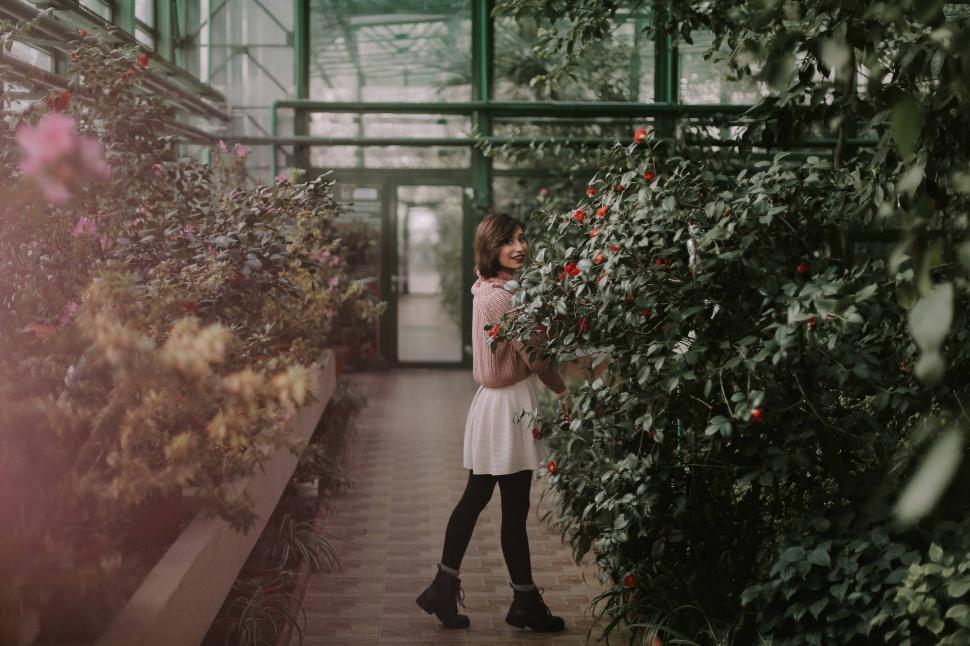 Free Image of Woman Standing in Greenhouse Observing Plants 