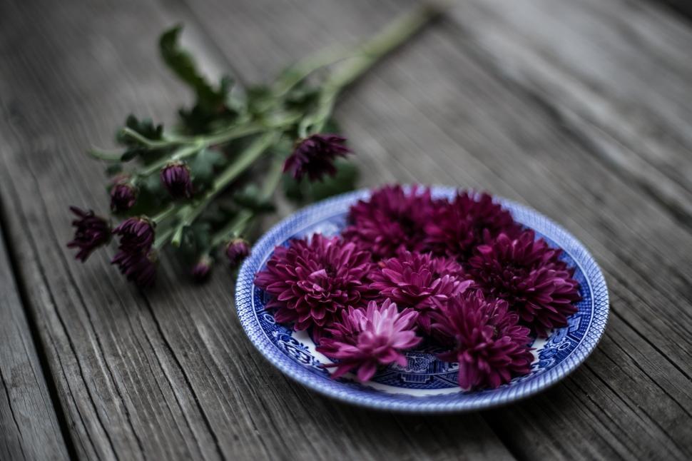 Free Image of Plate With Purple Flowers on Wooden Table 