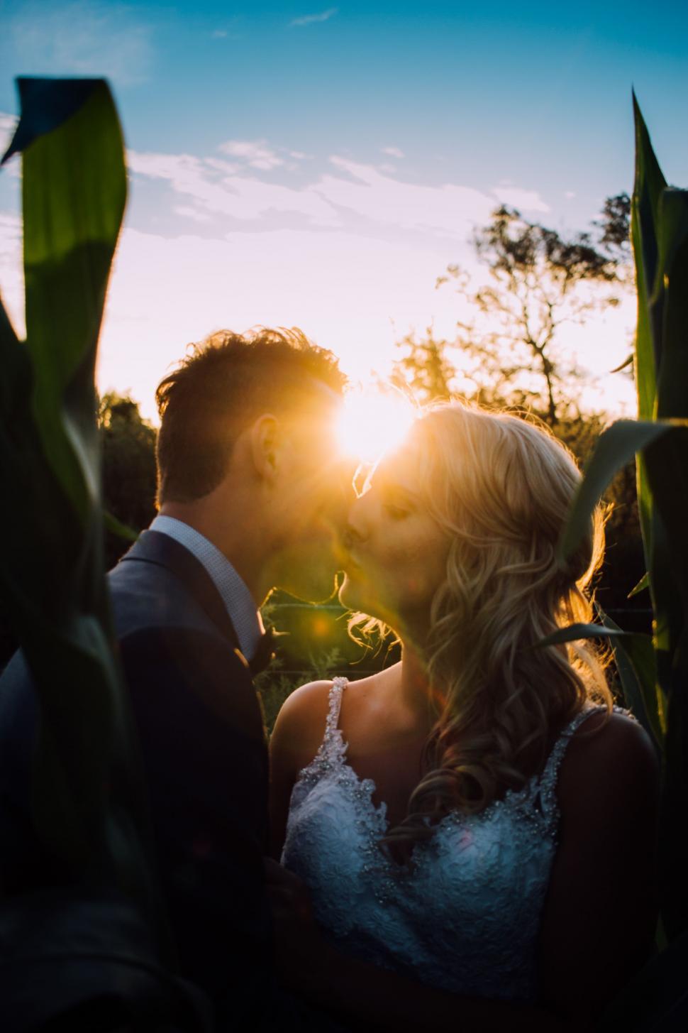 Free Image of Bride and Groom Kissing in Front of the Sun 