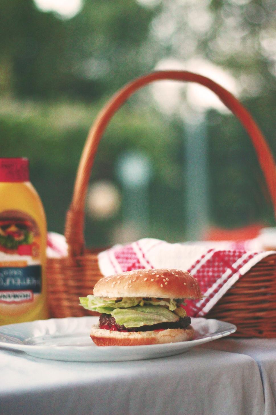 Free Image of Sandwich and Mustard Bottle on Table 