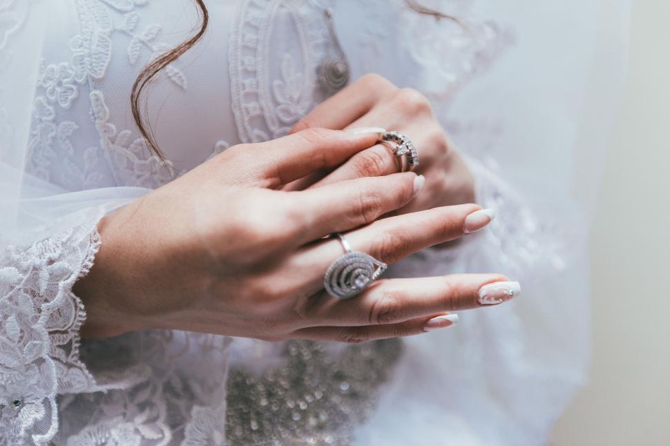 Free Image of Woman in Wedding Dress Holding Wedding Ring 