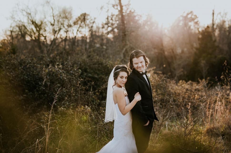 Free Image of Bride and Groom Posing for Picture in Field 