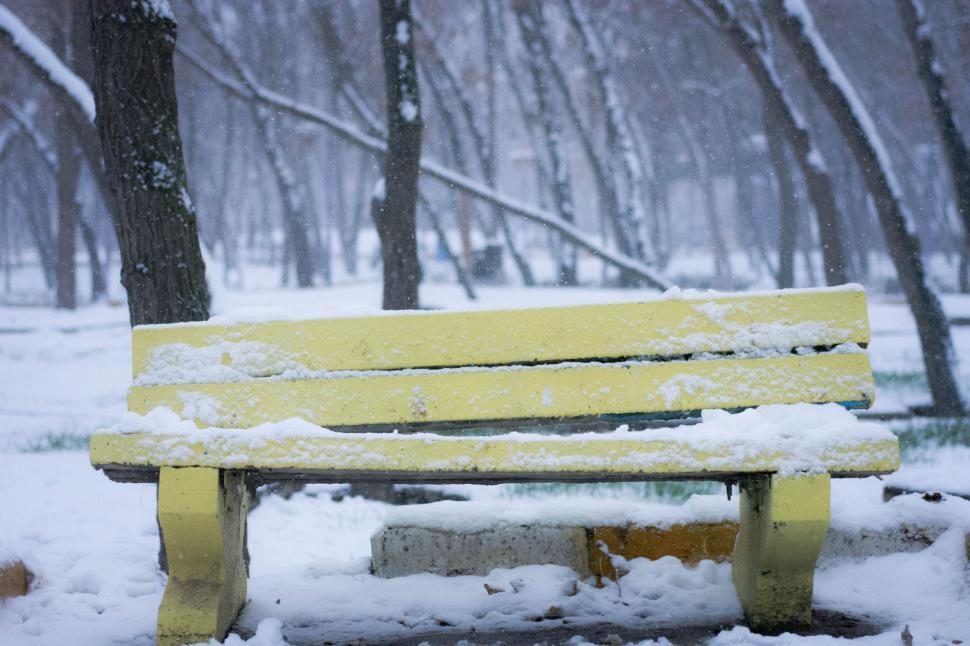 Free Image of Snow-Covered Yellow Park Bench in Park 