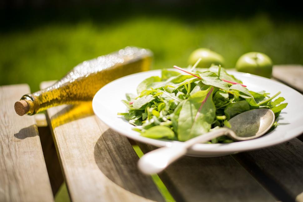 Free Image of Plate of Salad on Wooden Table 