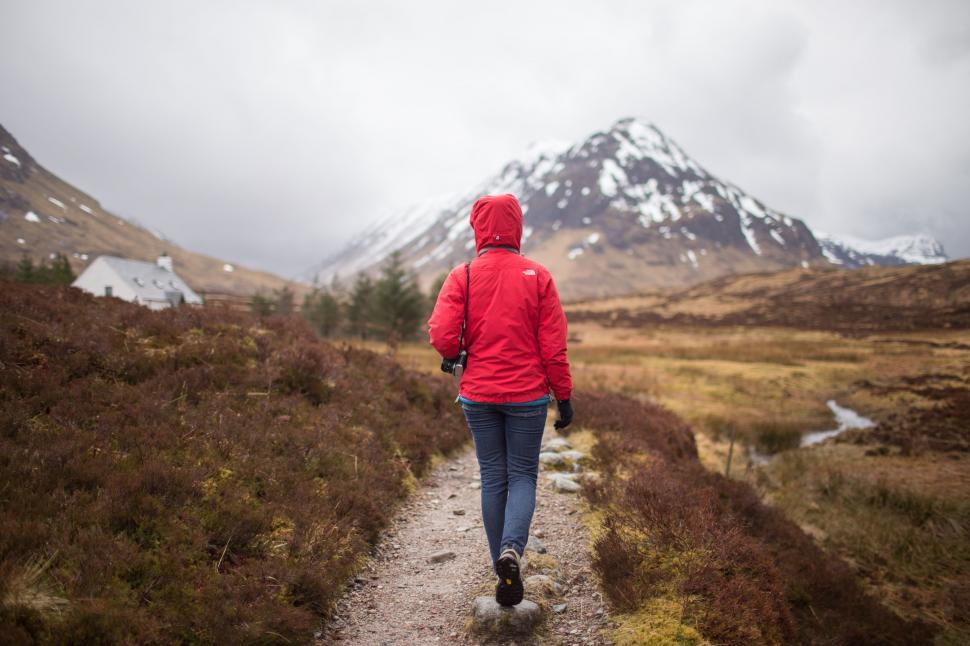 Free Image of Woman in Red Jacket Walking Down Path 