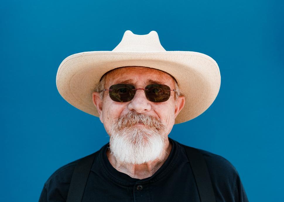 Free Image of Man Wearing White Cowboy Hat and Sunglasses 