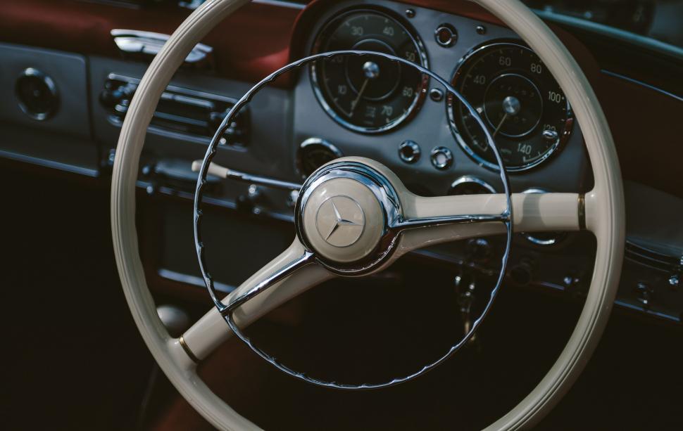 Free Image of Steering Wheel and Dashboard of a Classic Car 
