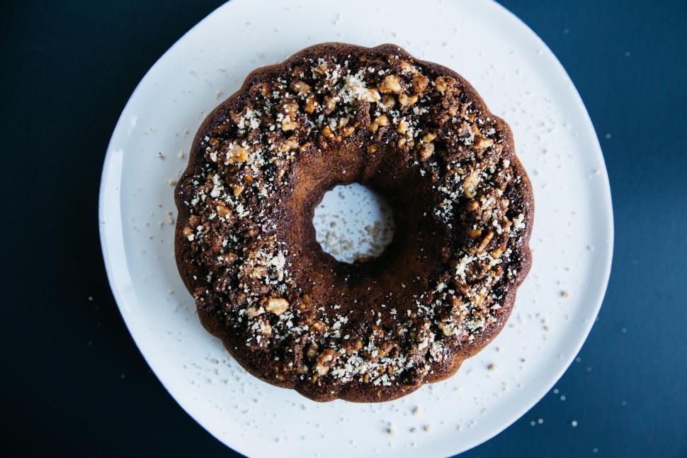 Free Image of White Plate With Chocolate Donut Covered in Powdered Sugar 