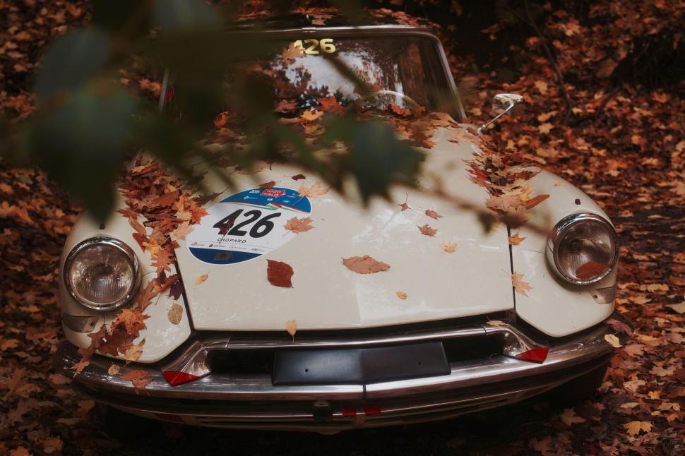 Free Image of Vintage Car Parked in Piles of Autumn Leaves 