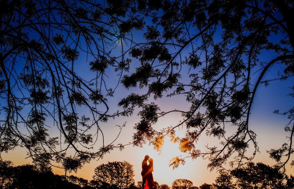Free Image of Man and Woman Standing Under Tree at Sunset 