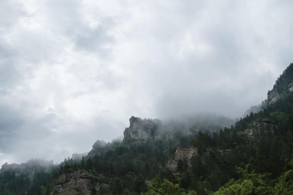 Free Image of Mountain Covered in Trees Under Cloudy Sky 