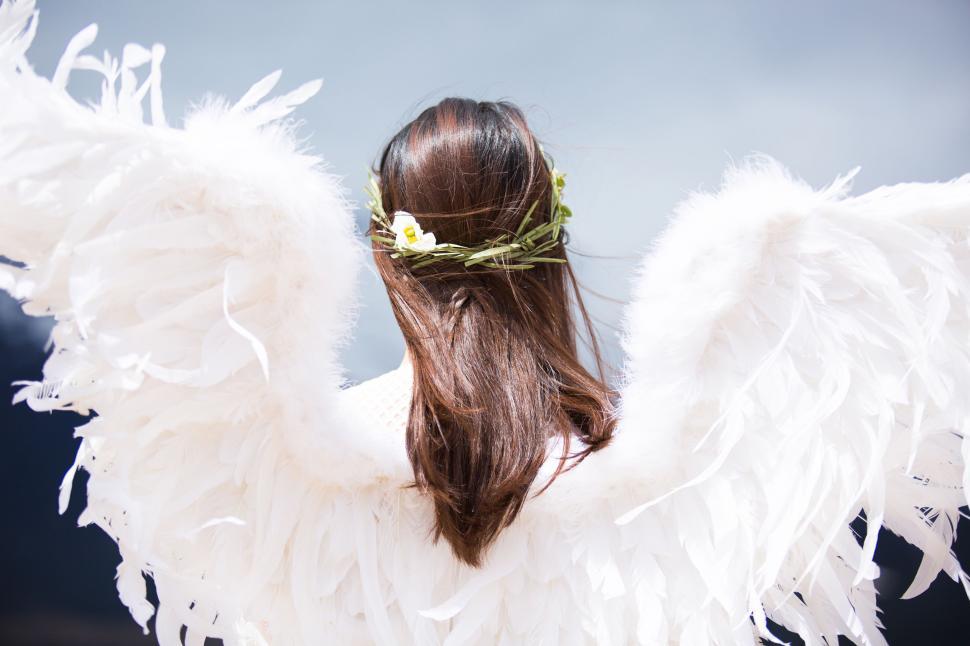 Free Image of Woman With Long Brown Hair and White Wings 