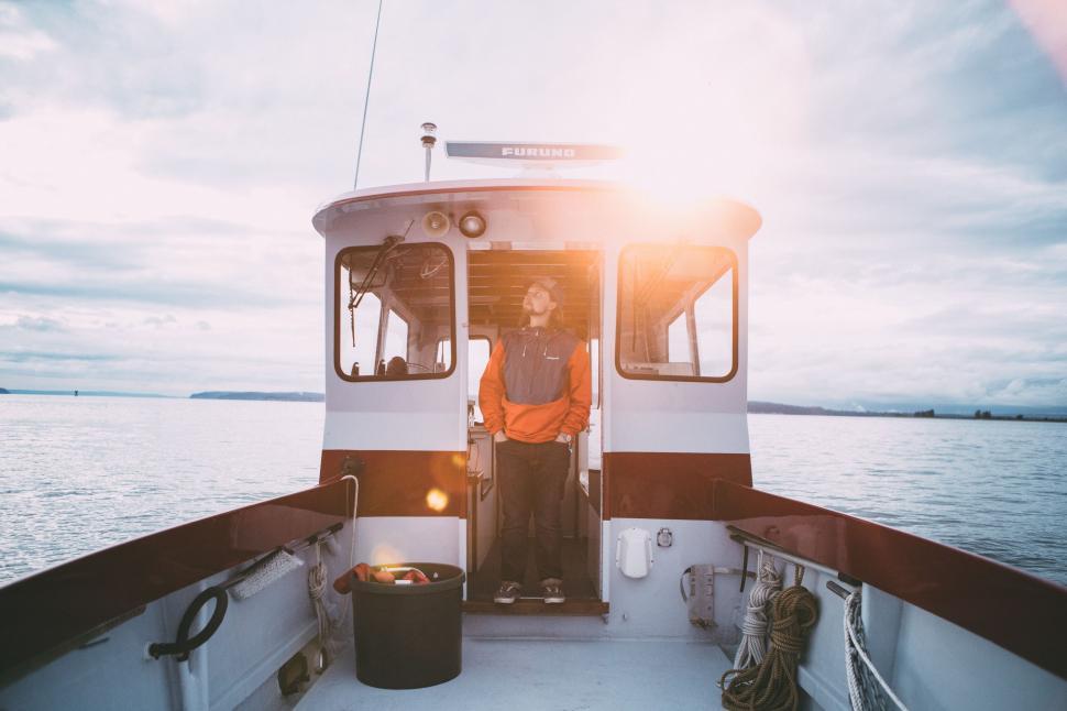 Free Image of Man Standing on the Front of a Boat 