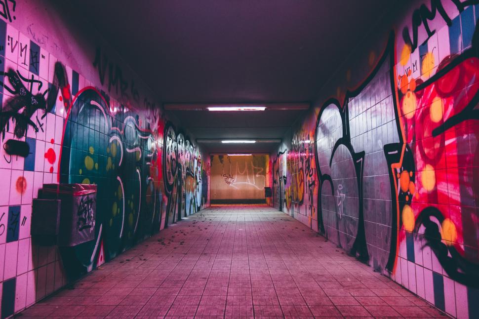 Free Image of Graffiti-Covered Long Hallway 