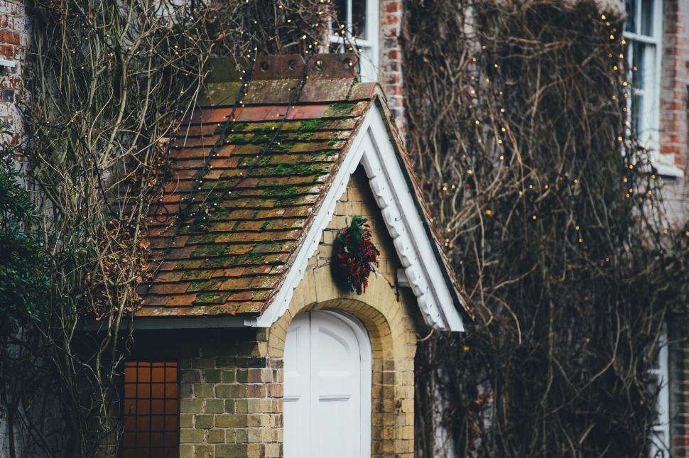 Free Image of Small House With White Door Surrounded by Vines 