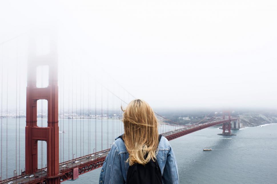 Free Image of Woman Standing in Front of the Golden Gate Bridge 