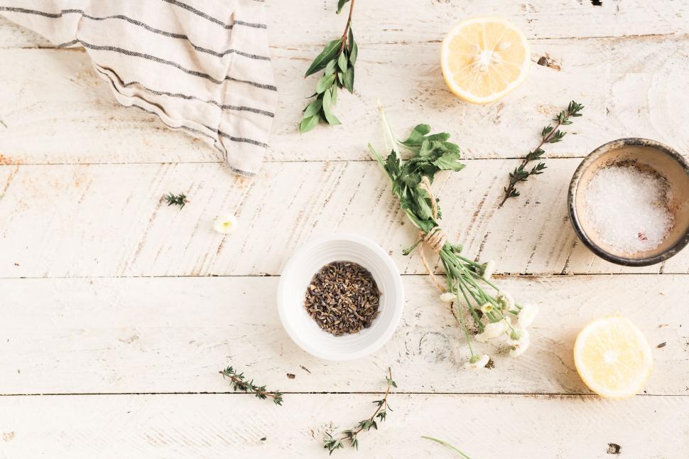 Free Image of Herbs and Lemons on a White Wooden Table 