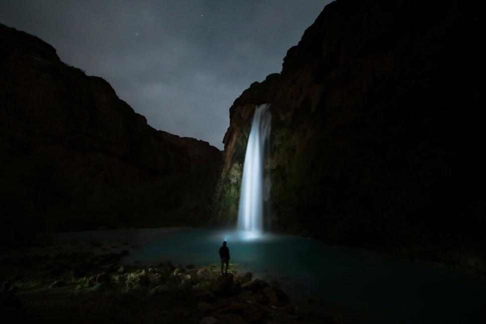 Free Image of Man Standing in Front of Waterfall at Night 