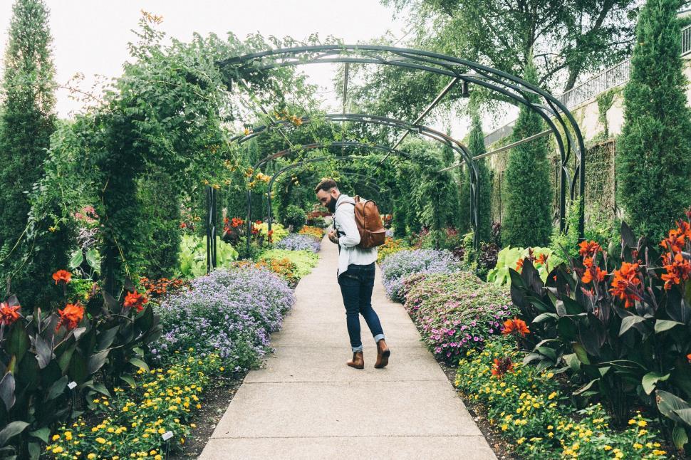 Free Image of Woman Walking Through Flower-Filled Garden 