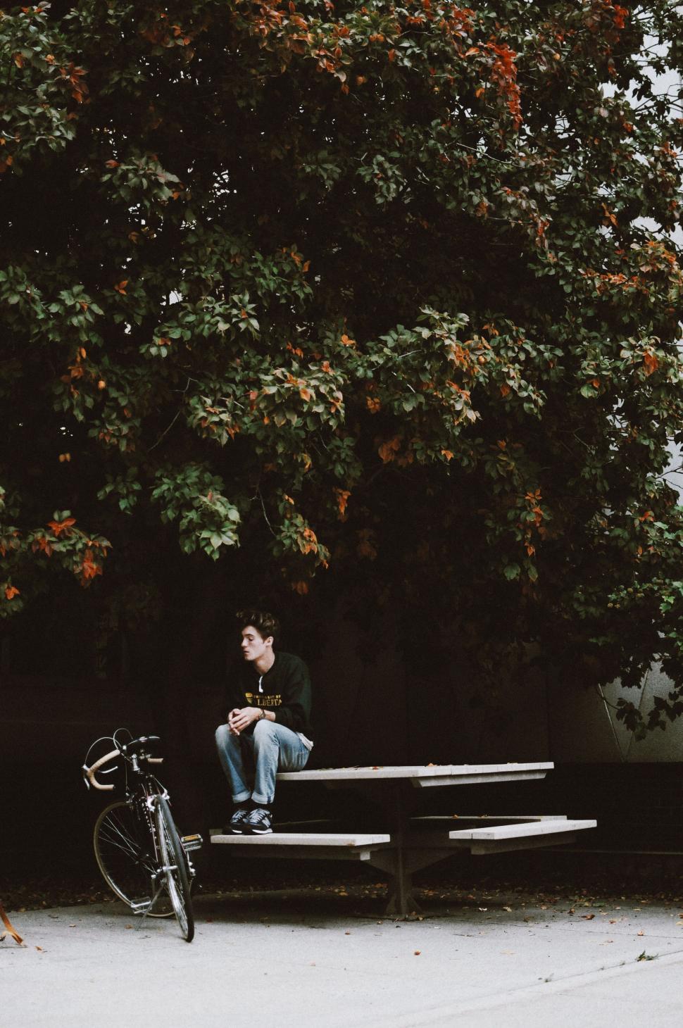 Free Image of Man Sitting on Bench Next to Bike 