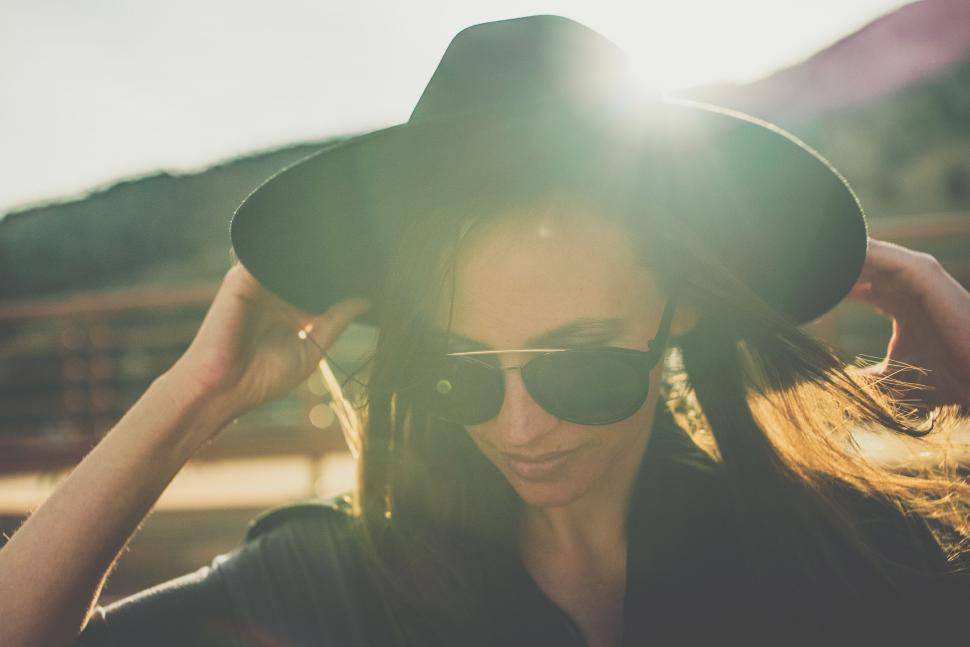 Free Image of Woman Wearing Black Hat and Sunglasses 