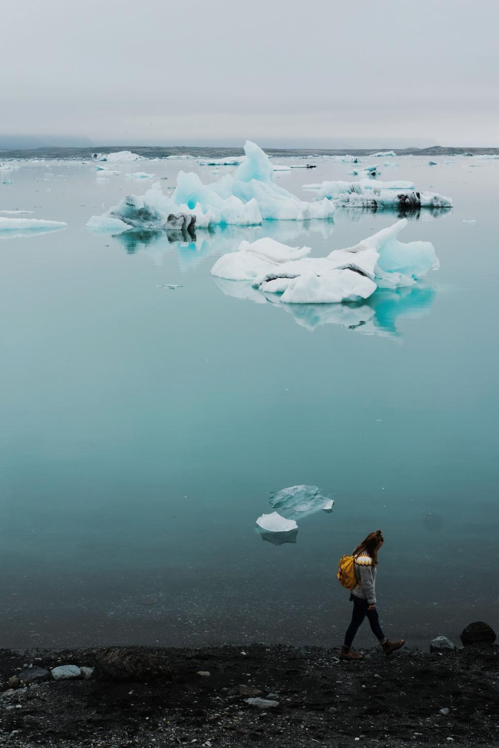 Free Image of Person Walking on Shore With Icebergs 