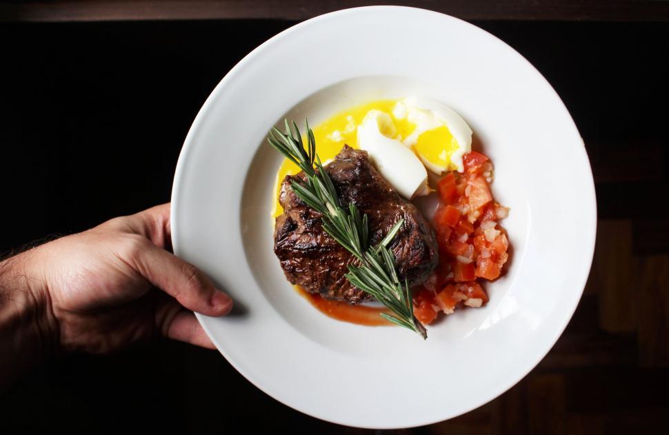 Free Image of Person Holding a Plate of Food With Meat and Eggs 