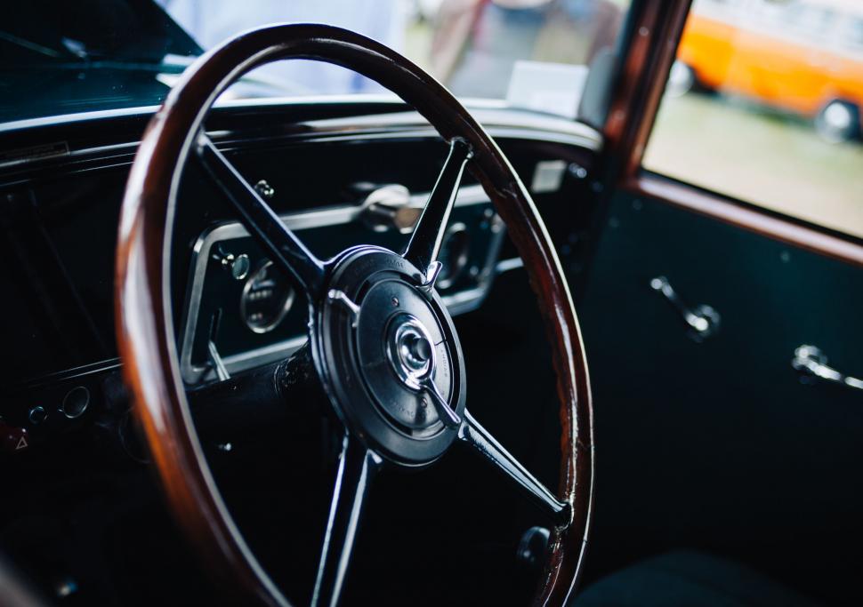 Free Image of Classic Car Steering Wheel and Dashboard 