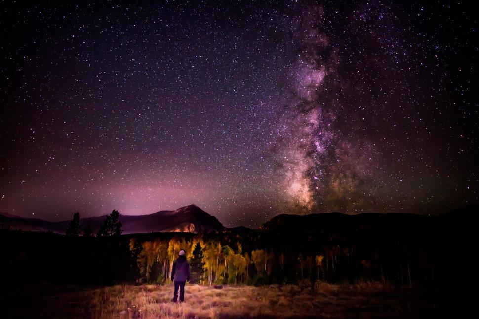 Free Image of Man Standing in Field Under Star-Filled Night Sky 