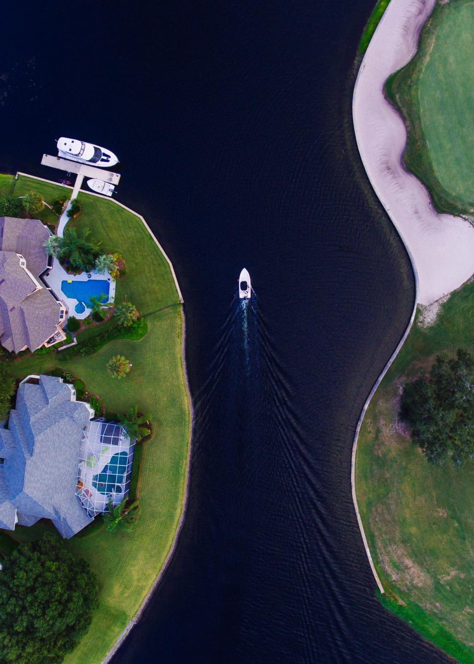 Free Image of Aerial View of House and Boat in Water 