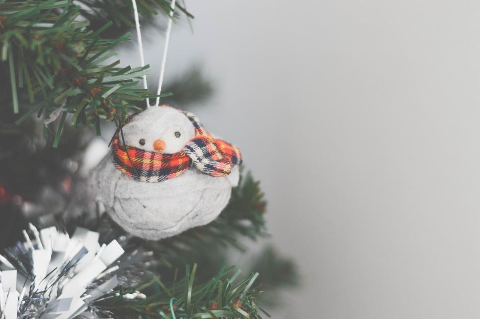 Free Image of Snowman Ornament Hanging From a Christmas Tree 