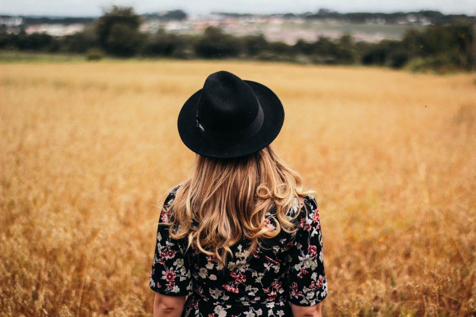 Free Image of Woman Standing in Field With Black Hat 