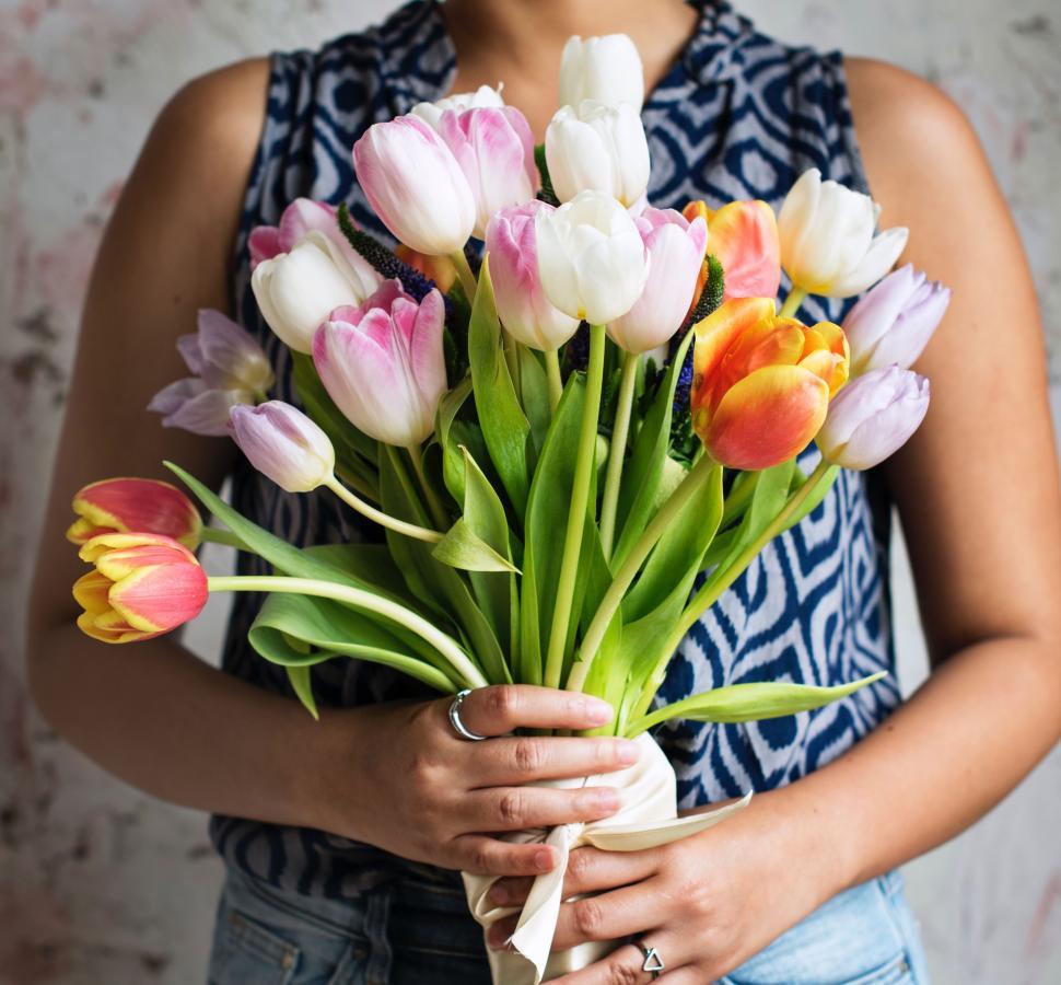 Free Image of Woman Holding a Bouquet of Tulips 