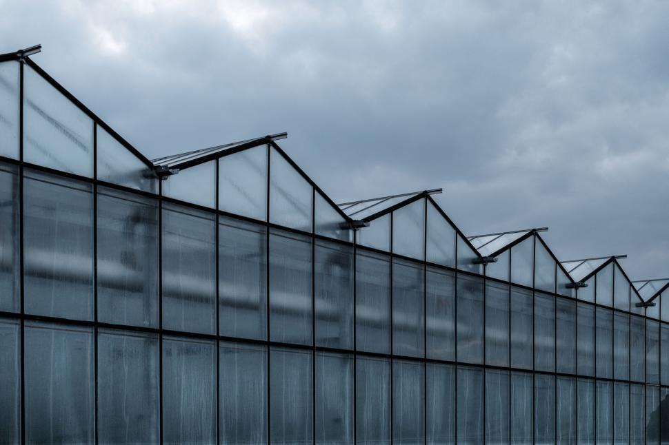 Free Image of Row of Greenhouses Under Cloudy Sky 