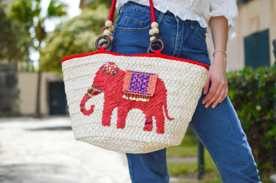 Free Image of Woman Carrying Red and White Purse 