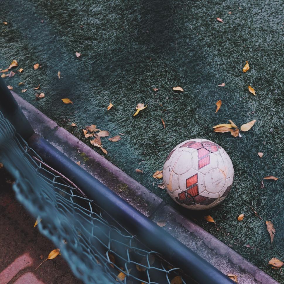 Free Image of Soccer Ball on Field Next to Net 