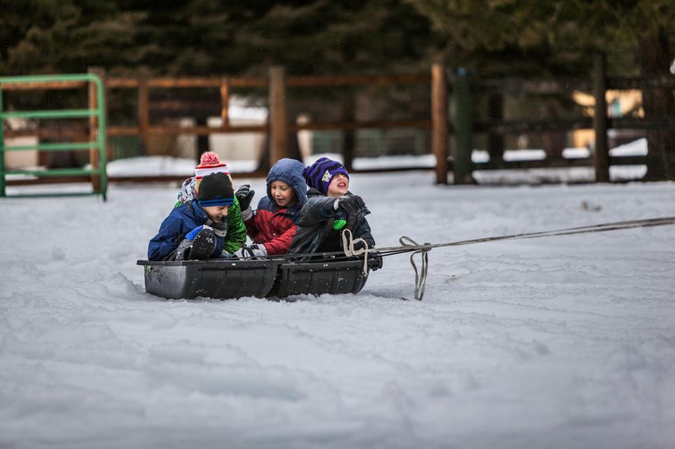 Free Image of Group of Children Sledding Down Snow Covered Slope 