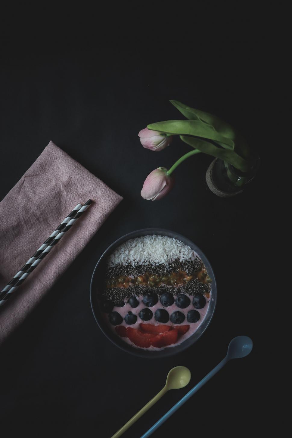 Free Image of Bowl of Fruit and Spoon on Table 