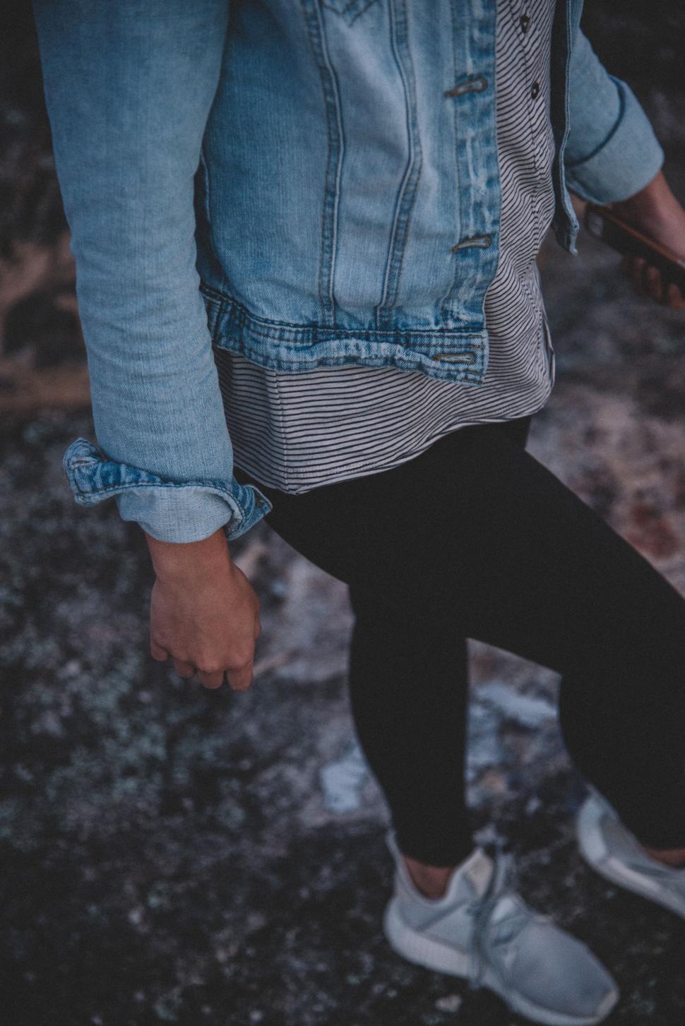 Free Image of Person Wearing a Jean Jacket and Black Pants 