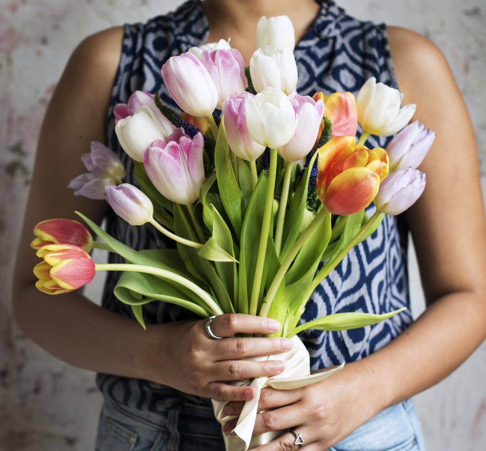 Free Image of Woman Holding a Bouquet of Tulips 