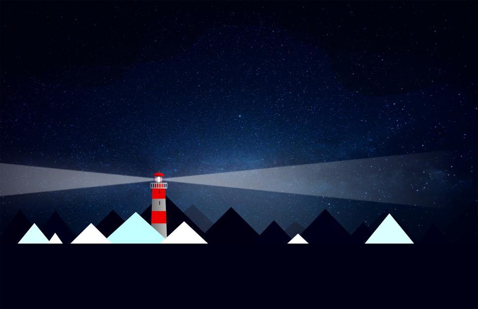 Download Free Stock Photo of Lighthouse and Icebergs at Night - Illustration with Copyspace 