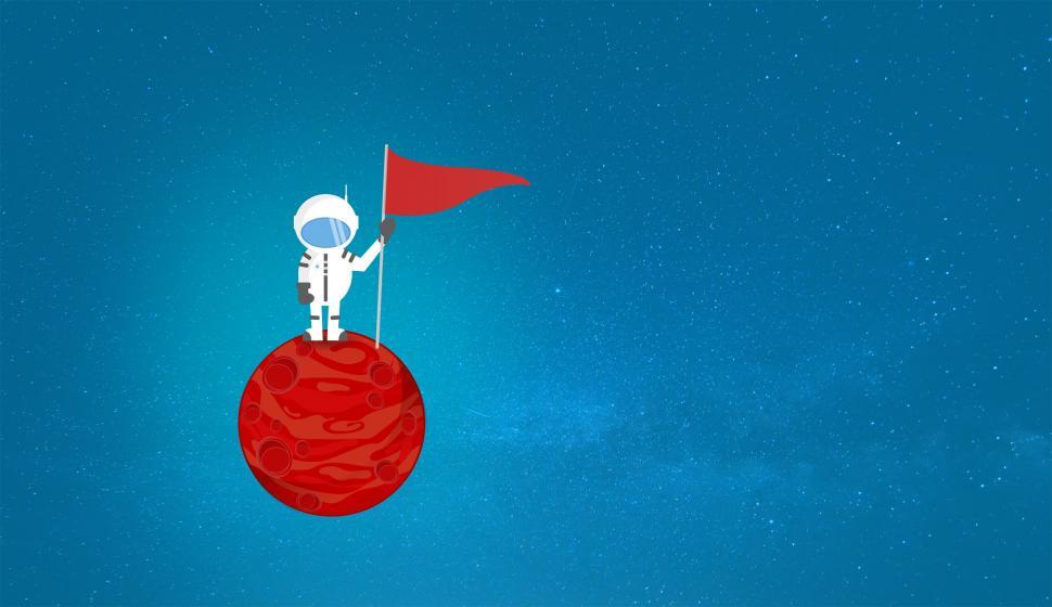 Free Image of Cartoon Astronaut on a Planet Holding a Flag - With Copyspace 