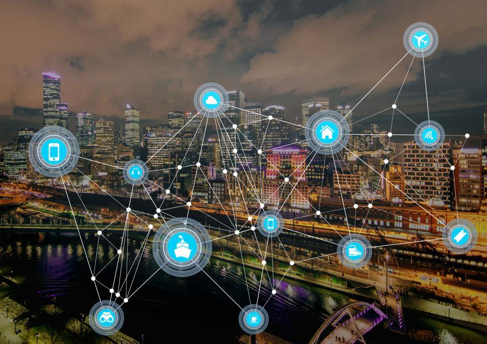 Download Free Stock Photo of Internet of Things - Communication Mesh over Cityscape 